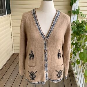 Baby Alpaca Peruvian Cardigan Hand Knit Sweater Women’s XL Tan Novelty Bolivia